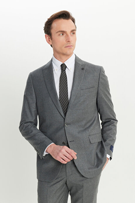 Yün Slim Fit Dar Kesim Kırlangıç Yaka Kapak Cepli Gri Takım Elbise resmi