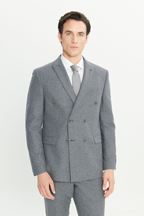 Yün Slim Fit Dar Kesim Kırlangıç Yaka Kapak Cepli Kruvaze Gri Takım Elbise resmi