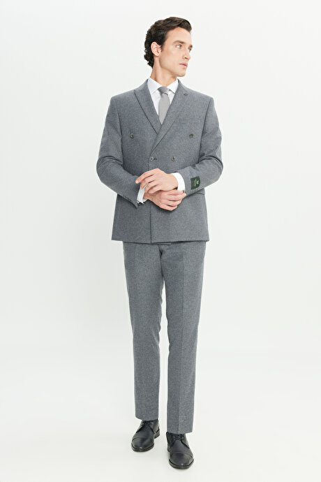 Yün Slim Fit Dar Kesim Kırlangıç Yaka Kapak Cepli Kruvaze Gri Takım Elbise resmi