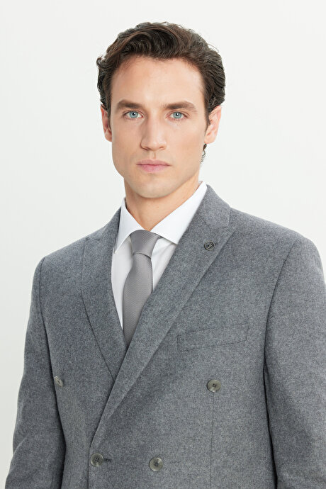 Yün Slim Fit Dar Kesim Kırlangıç Yaka Kapak Cepli Kruvaze Gri Takım Elbise resmi