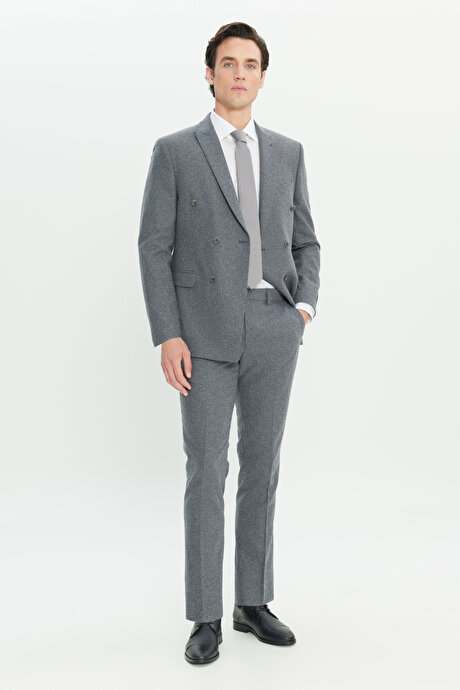 Yün Slim Fit Dar Kesim Kırlangıç Yaka Kapak Cepli Kruvaze Gri Takım Elbise resmi