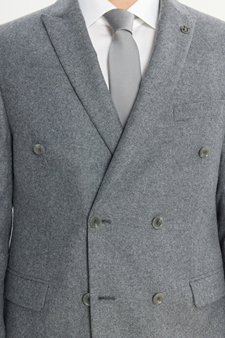 Yün Slim Fit Dar Kesim Kırlangıç Yaka Kapak Cepli Kruvaze Gri Takım Elbise resmi