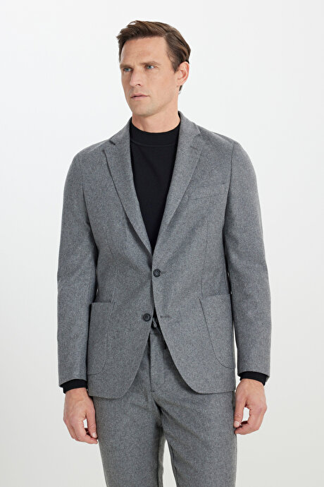 Yünlü Slim Fit Dar Kesim Mono Yaka Beli Bağlamalı Torba Cepli Gri Takım Elbise resmi