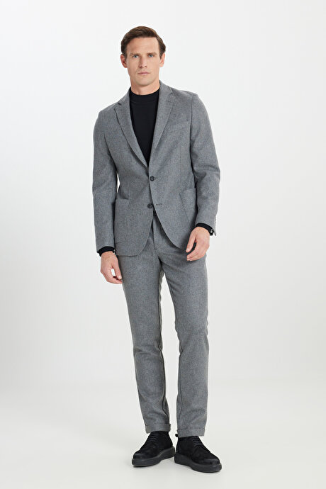 Yünlü Slim Fit Dar Kesim Mono Yaka Beli Bağlamalı Torba Cepli Gri Takım Elbise resmi