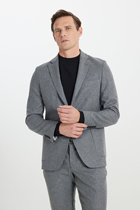 Yünlü Slim Fit Dar Kesim Mono Yaka Beli Bağlamalı Torba Cepli Gri Takım Elbise resmi