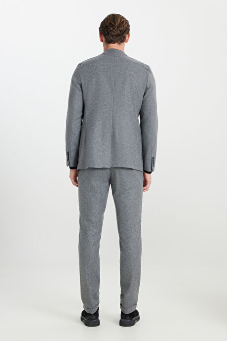 Yünlü Slim Fit Dar Kesim Mono Yaka Beli Bağlamalı Torba Cepli Gri Takım Elbise resmi