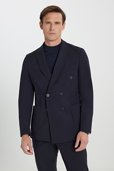 Slim Fit Dar Kesim Kırlangıç Yaka Beli Lastikli Torba Cepli Esnek Lacivert Takım Elbise resmi