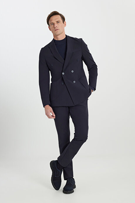 Slim Fit Dar Kesim Kırlangıç Yaka Beli Lastikli Torba Cepli Esnek Lacivert Takım Elbise resmi