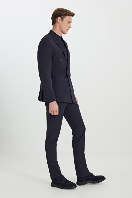 Slim Fit Dar Kesim Kırlangıç Yaka Beli Lastikli Torba Cepli Esnek Lacivert Takım Elbise resmi