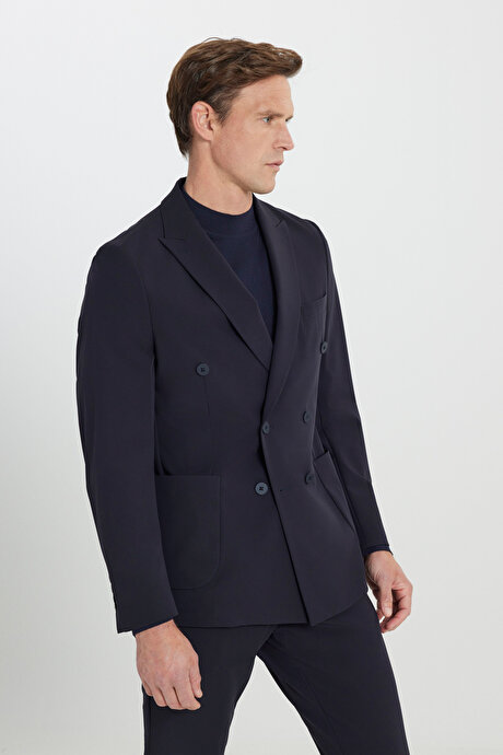 Slim Fit Dar Kesim Kırlangıç Yaka Beli Lastikli Torba Cepli Esnek Lacivert Takım Elbise resmi