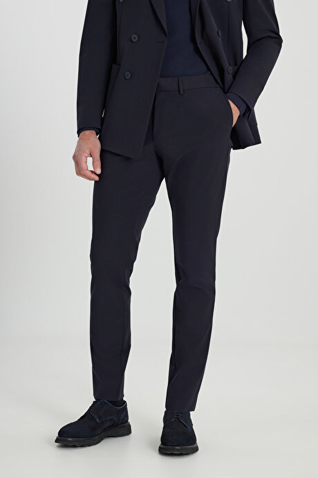 Slim Fit Dar Kesim Kırlangıç Yaka Beli Lastikli Torba Cepli Esnek Lacivert Takım Elbise resmi