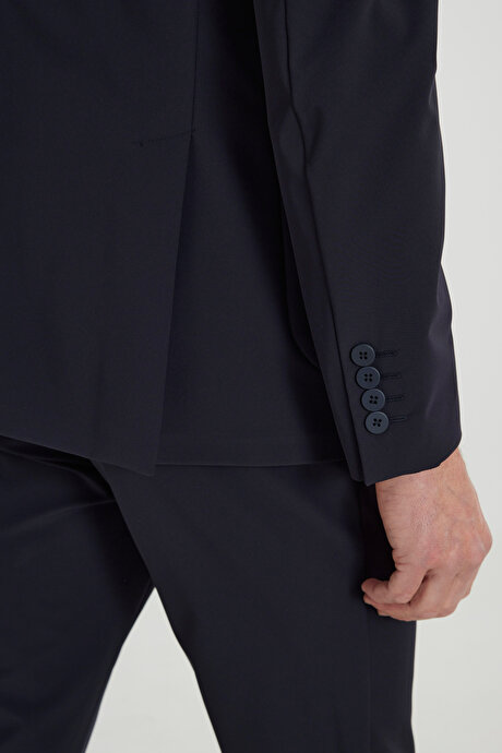 Slim Fit Dar Kesim Kırlangıç Yaka Beli Lastikli Torba Cepli Esnek Lacivert Takım Elbise resmi