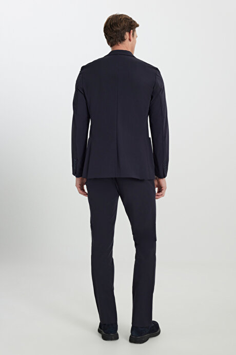 Slim Fit Dar Kesim Kırlangıç Yaka Beli Lastikli Torba Cepli Esnek Lacivert Takım Elbise resmi