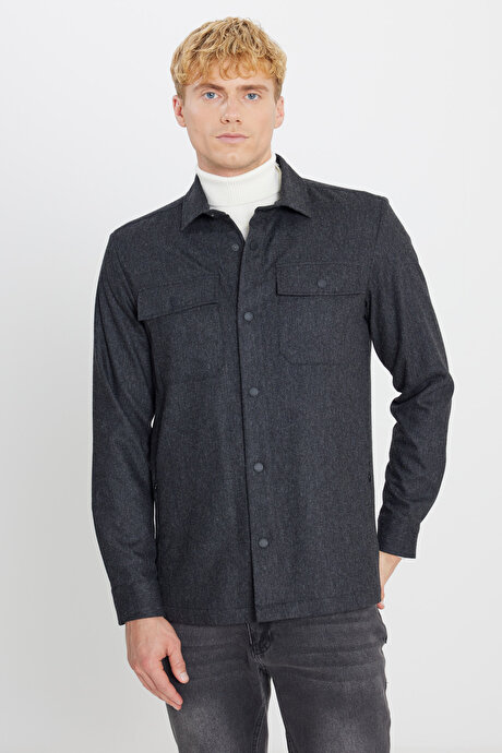 Yünlü Relax Fit Rahat Kesim Gömlek Yaka Diagonal Desenli Çift Ceketli Antrasit Ceket resmi