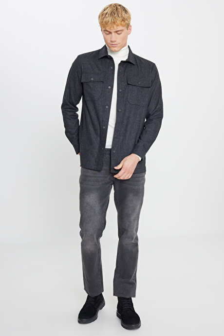 Yünlü Relax Fit Rahat Kesim Gömlek Yaka Diagonal Desenli Çift Ceketli Antrasit Ceket resmi