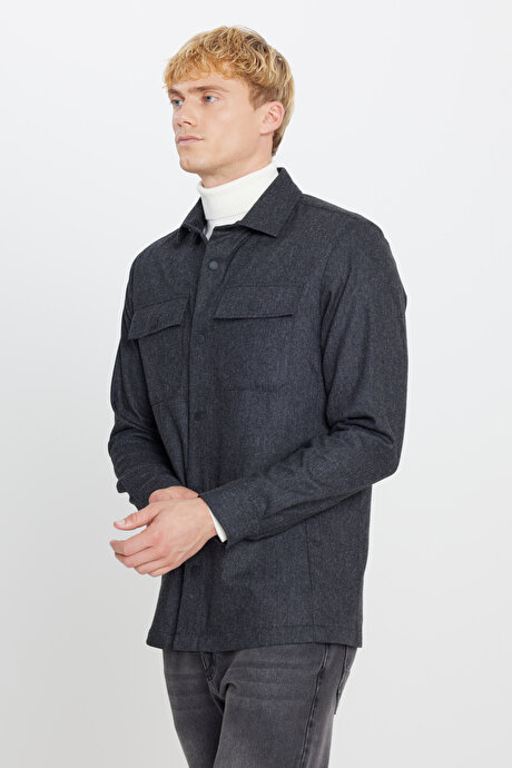 Yünlü Relax Fit Rahat Kesim Gömlek Yaka Diagonal Desenli Çift Ceketli Antrasit Ceket resmi