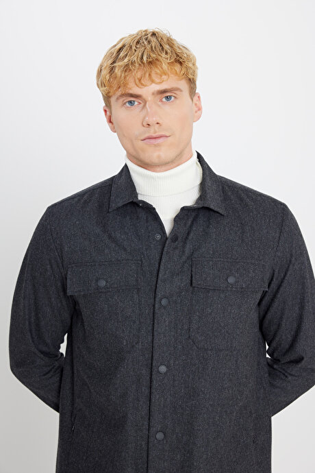 Yünlü Relax Fit Rahat Kesim Gömlek Yaka Diagonal Desenli Çift Ceketli Antrasit Ceket resmi