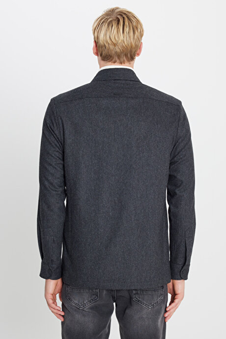 Yünlü Relax Fit Rahat Kesim Gömlek Yaka Diagonal Desenli Çift Ceketli Antrasit Ceket resmi