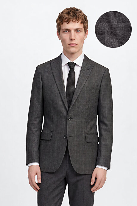 Slim Fit Dar Kesim Kırlangıç Yaka Kareli Kapak Cepli Yelekli Antrasit Yelekli Takım Elbise resmi