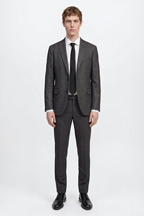 Slim Fit Dar Kesim Kırlangıç Yaka Kareli Kapak Cepli Yelekli Antrasit Yelekli Takım Elbise resmi