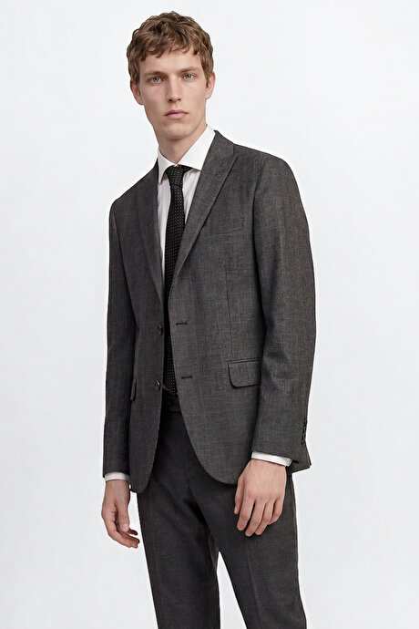 Slim Fit Dar Kesim Kırlangıç Yaka Kareli Kapak Cepli Yelekli Antrasit Yelekli Takım Elbise resmi