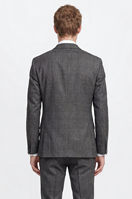 Slim Fit Dar Kesim Kırlangıç Yaka Kareli Kapak Cepli Yelekli Antrasit Yelekli Takım Elbise resmi