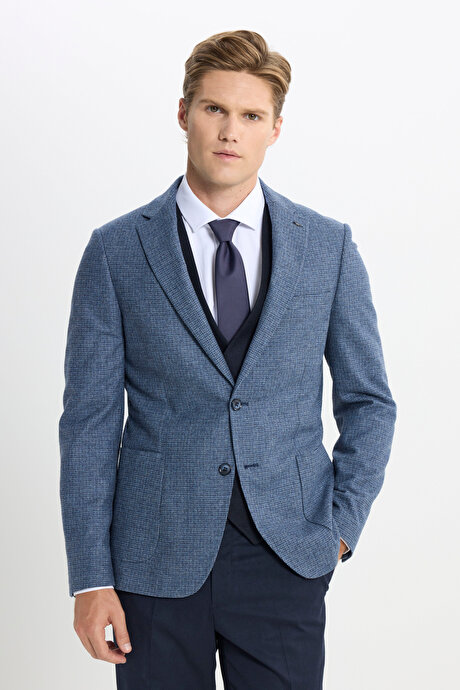 Yün Slim Fit Dar Kesim Mono Yaka Torba Cepli Kareli Yelekli Mavi-Lacivert Yelekli Takım Elbise resmi