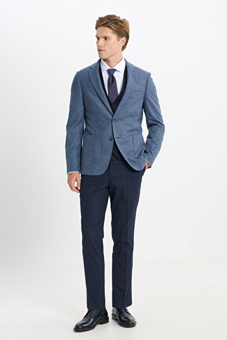 Yün Slim Fit Dar Kesim Mono Yaka Torba Cepli Kareli Yelekli Mavi-Lacivert Yelekli Takım Elbise resmi