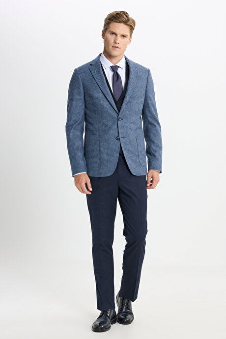 Yün Slim Fit Dar Kesim Mono Yaka Torba Cepli Kareli Yelekli Mavi-Lacivert Yelekli Takım Elbise resmi