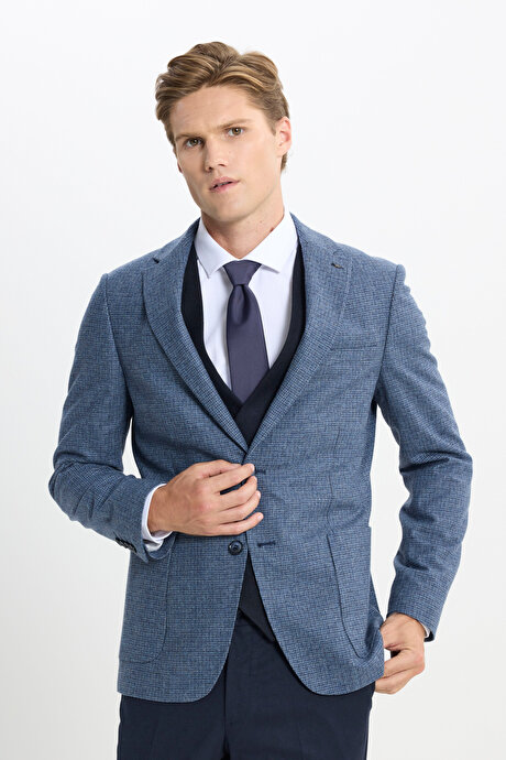 Yün Slim Fit Dar Kesim Mono Yaka Torba Cepli Kareli Yelekli Mavi-Lacivert Yelekli Takım Elbise resmi