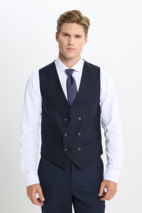 Yün Slim Fit Dar Kesim Mono Yaka Torba Cepli Kareli Yelekli Mavi-Lacivert Yelekli Takım Elbise resmi