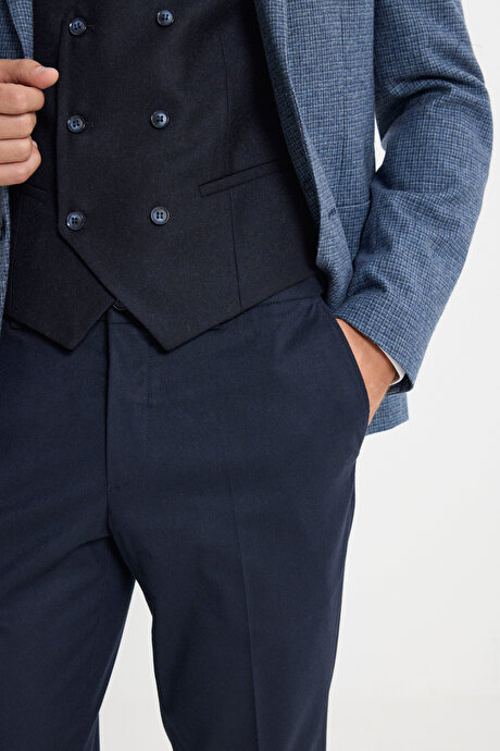 Yün Slim Fit Dar Kesim Mono Yaka Torba Cepli Kareli Yelekli Mavi-Lacivert Yelekli Takım Elbise resmi