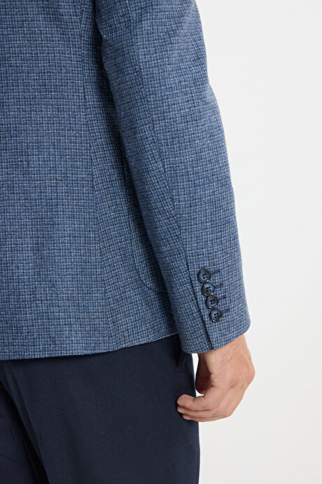 Yün Slim Fit Dar Kesim Mono Yaka Torba Cepli Kareli Yelekli Mavi-Lacivert Yelekli Takım Elbise resmi