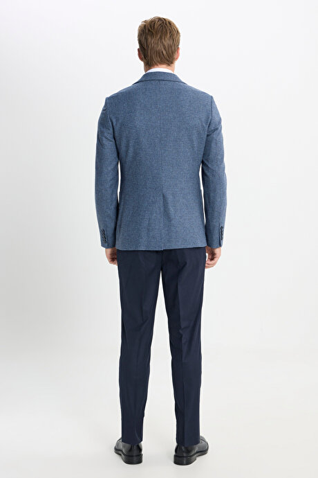 Yün Slim Fit Dar Kesim Mono Yaka Torba Cepli Kareli Yelekli Mavi-Lacivert Yelekli Takım Elbise resmi