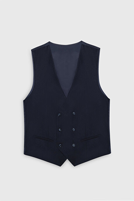 Yün Slim Fit Dar Kesim Mono Yaka Torba Cepli Kareli Yelekli Mavi-Lacivert Yelekli Takım Elbise resmi