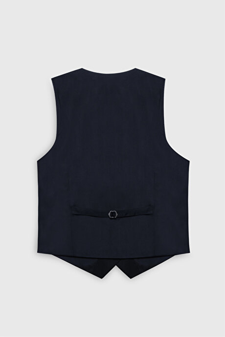 Yün Slim Fit Dar Kesim Mono Yaka Torba Cepli Kareli Yelekli Mavi-Lacivert Yelekli Takım Elbise resmi