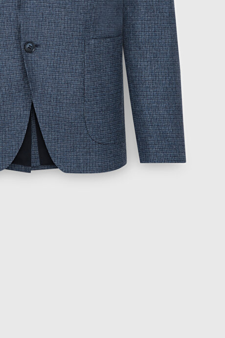 Yün Slim Fit Dar Kesim Mono Yaka Torba Cepli Kareli Yelekli Mavi-Lacivert Yelekli Takım Elbise resmi