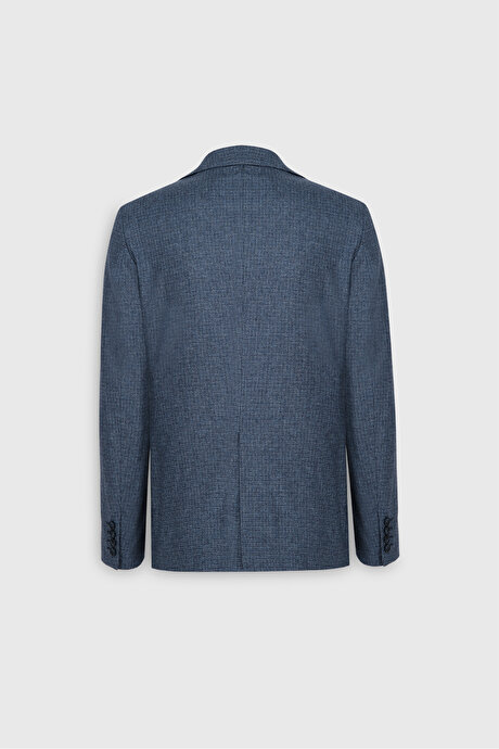 Yün Slim Fit Dar Kesim Mono Yaka Torba Cepli Kareli Yelekli Mavi-Lacivert Yelekli Takım Elbise resmi