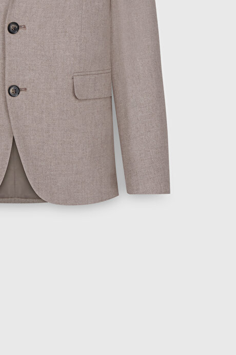Yünlü Slim Fit Dar Kesim Kırlangıç Yaka Yelekli Bej Yelekli Takım Elbise resmi