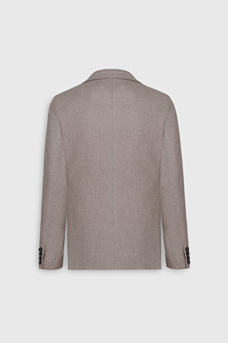 Yünlü Slim Fit Dar Kesim Kırlangıç Yaka Yelekli Bej Yelekli Takım Elbise resmi