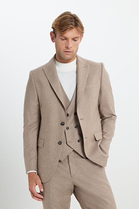 Yünlü Slim Fit Dar Kesim Kırlangıç Yaka Yelekli Bej Yelekli Takım Elbise resmi