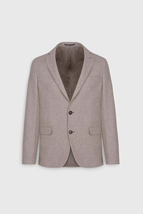 Yünlü Slim Fit Dar Kesim Kırlangıç Yaka Yelekli Bej Yelekli Takım Elbise resmi