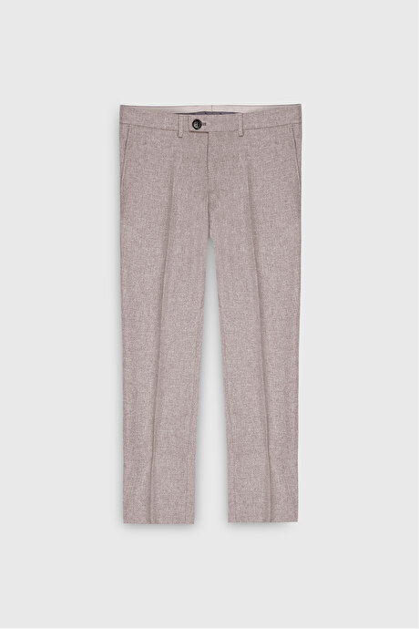 Yünlü Slim Fit Dar Kesim Kırlangıç Yaka Yelekli Bej Yelekli Takım Elbise resmi