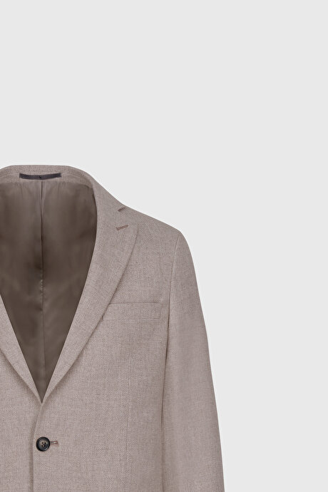 Yünlü Slim Fit Dar Kesim Kırlangıç Yaka Yelekli Bej Yelekli Takım Elbise resmi