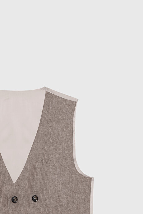 Yünlü Slim Fit Dar Kesim Kırlangıç Yaka Yelekli Bej Yelekli Takım Elbise resmi