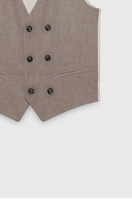 Yünlü Slim Fit Dar Kesim Kırlangıç Yaka Yelekli Bej Yelekli Takım Elbise resmi