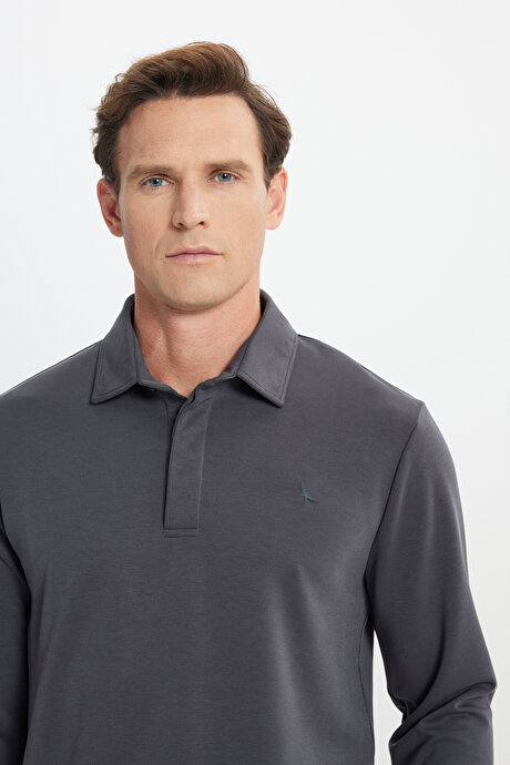 360 Her Yöne Esneyen Slim Fit Dar Kesim Polo Yaka Esnek Antrasit Uzun Kollu Tişört resmi