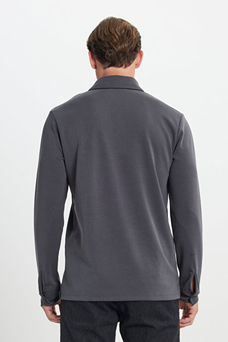 360 Her Yöne Esneyen Slim Fit Dar Kesim Polo Yaka Esnek Antrasit Uzun Kollu Tişört resmi