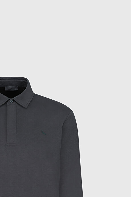 360 Her Yöne Esneyen Slim Fit Dar Kesim Polo Yaka Esnek Antrasit Uzun Kollu Tişört resmi