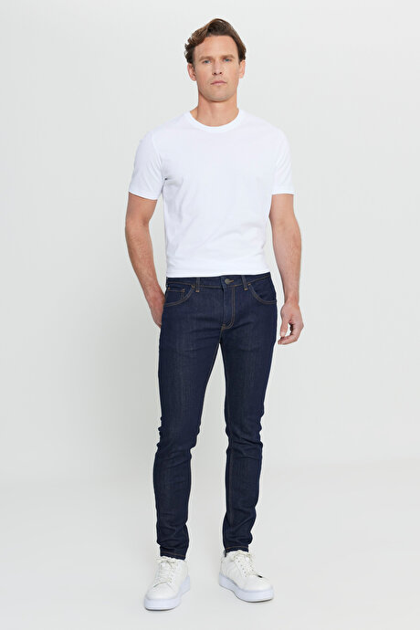 Ekstra Slim Fit Dar Kesim Pamuklu Rıss Jean Kot Koyu Lacivert Denim Pantolon resmi